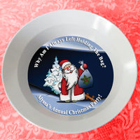 Santa Holding a Gift Sack with a perplexed look on his face on a custom bowl with any text