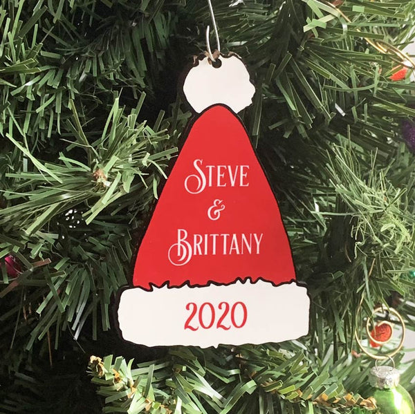 Printed Santa Hat Ornament with your name and year or custom text with White / Red Personalized Text