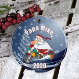 Santa on a motorcycle porcelain ornament personalized for grandpa or any biker with name or title and year or cutom text.