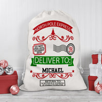 Santa Sack Large Draw String Bag with North Pole Express Design and Any Name Personalized