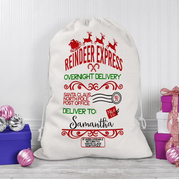 Large Draw String Bag With Reindeer Express Christmas Imagery and personalized with any name