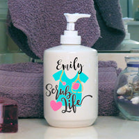 colorful nurse scrub with stethoscope and pink heart Text reads scrub life then personalized with your name above image