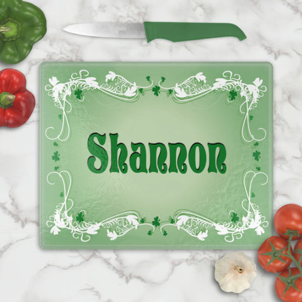 Wispy Shamrock Scroll Corner Borders on a Tempered Glass Cutting Board with any name or custom text in the center