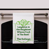 Waffle Weave Towel 16" x 24" with Simple Shamrock Border, quote saying "Laughter is the Brightest Where Food is The Best!" and any name personalized