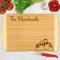 Two Tone bamboo wood cutting board with snow family and personalized with any name