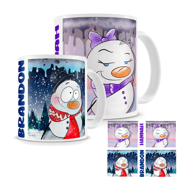 Your choice of cartoon snowman or snowtirl coffee mugs with your name