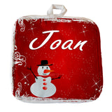 8"x8" pot holder with red snowy background and cute snowman Personalized with any name