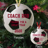 soccer ball background on a plastic or porcelain christmas ornament personalized with three areas of text.