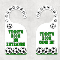 Both sides of the soccer door hangers are personalized with your enter and do not disturb message.