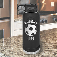 Hydro Flask Type Water Bottle with Flip Straw Lid Engraved with Soccer Ball, Name and Jersey Number