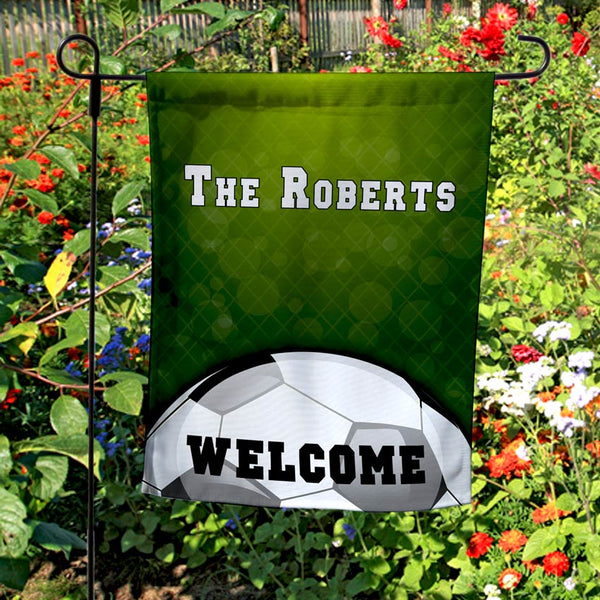 Welcome Flag with soccer ball and personalized with any 2 lines of text