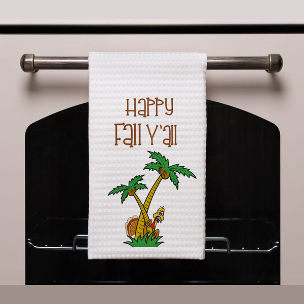 Kitchen Towel on Stove Handle showing southern turkey and text Happy fall y'all
