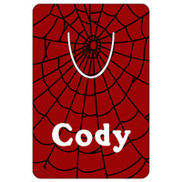 2" x 3" bookmark with red background and black spider web. Name in White