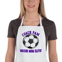 White Apron with soccer ball and two lines of text (above and below the ball) 