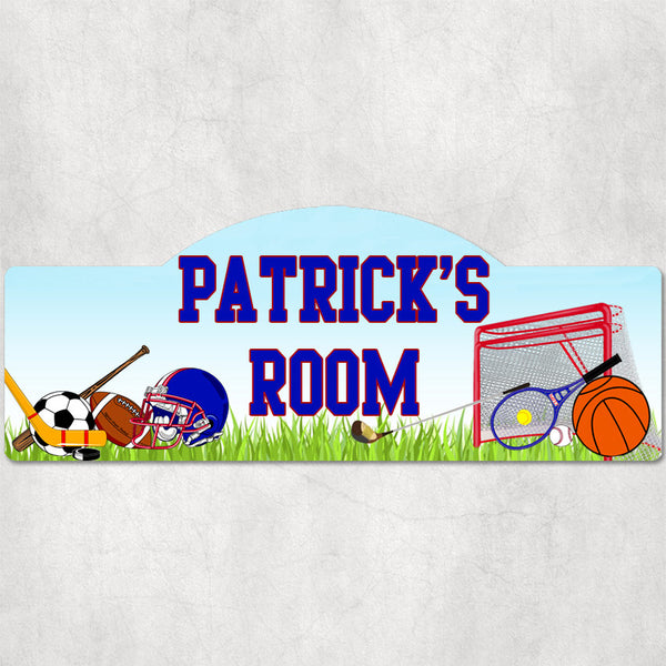 A variety of sports balls and equipment including baseball, football, soccer, hockey, golf, basketball and tennis, on a kids room name sign