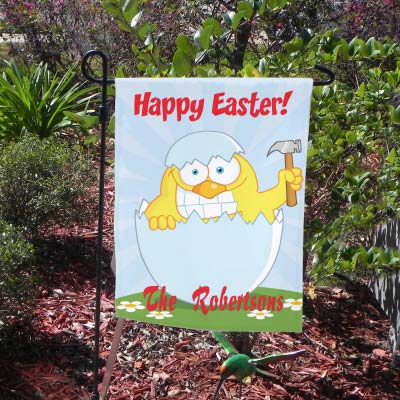 Chicken hatching out of egg by cracking it with a hammer. Funny Easter Yard Flag