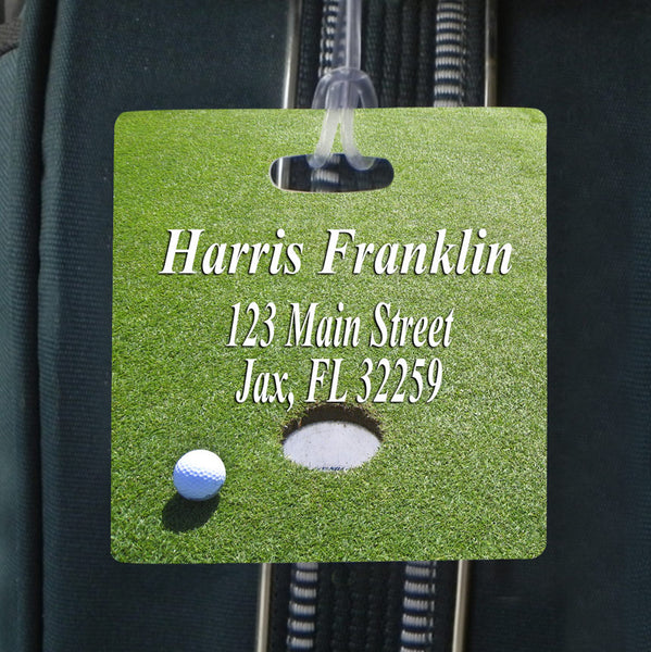 square bag tag with golf green and your contact info