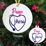 Stethoscope in the shape of a heart with hero in the heart and any name personalized above the image.