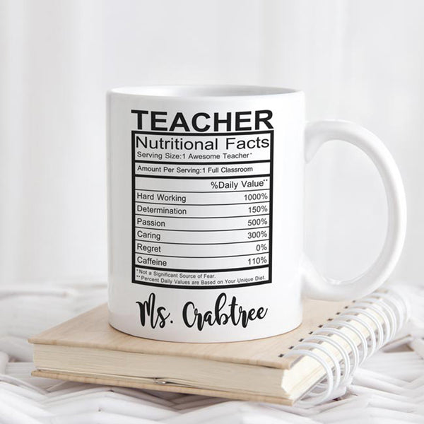 Personalized Nutrution Fact Chart for Teachers on your choice of an 11  ounce or 15 ounce mug