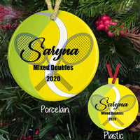 Personalized Tennis Ball and racket Christmas Ornament, showing both porcelain and plastic version of this personalized ornament with three areas of your text.