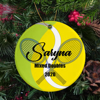 Porcelain Tennis Christmas Ornament with ball and racket design behind any name, year and additional text.