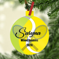 Tennis Ball Design with crossed rackets personalized with name and two additional lines of text on a plastic 3" Christmas ornaemnt 