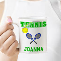 Personalized Mugs with Crossed Tennis Rackets Tennis Ball Swoosh design and any name
