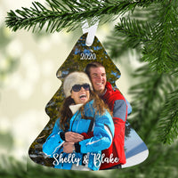 Tree shaped photo Christmas ornament printed on both sides with the same design