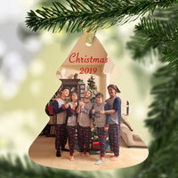 tree shaped ornament with photo of 5 people standing close together. Any year and text along with your picture