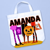 Halloween Friends Trick or Treat Tote Bag showing 3 sets of legs and skirts holding trick or treat bags.