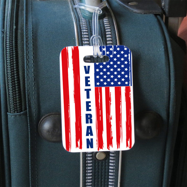 distressed USA flag luggage tag personalized with Veteran on side 1 and your contact info on side 2