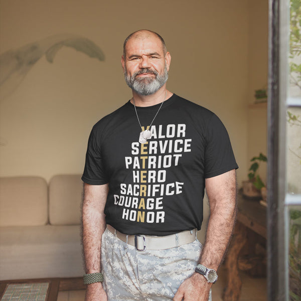 Black Tee Shirt with Veteran going down in gold and words off set from the letters of Valor, sErvice, paTriot, hEro, sacRifice, courAge, hoNor