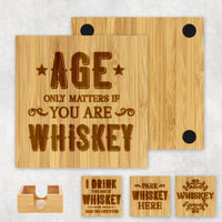 Set of four Funny Whiskey Humor Wood Coasters engraved. Set comes with wood holder.