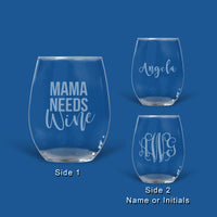 wine glass side 1 and side 2 with either a name or 3 initial monogram