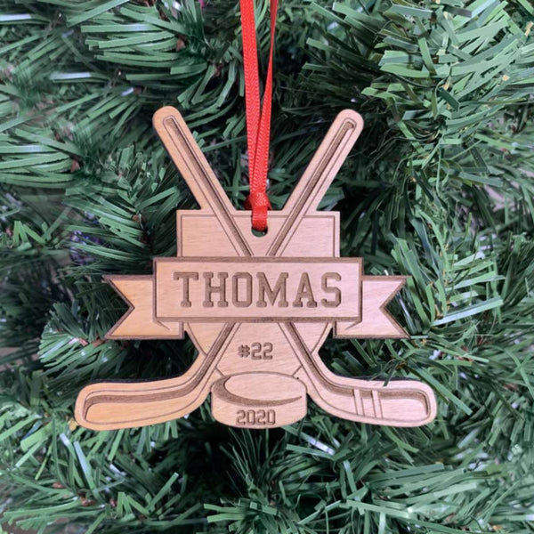 Wood Engraved Hockey sticks, Crest and Puck Christmas Ornament Personalized with Name, Jersey Number and Year