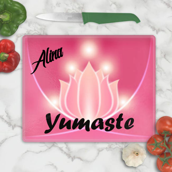 Lotus Flower illustration on a pink background for glass cutting boards personalized with any name on top and custom text on bottom.